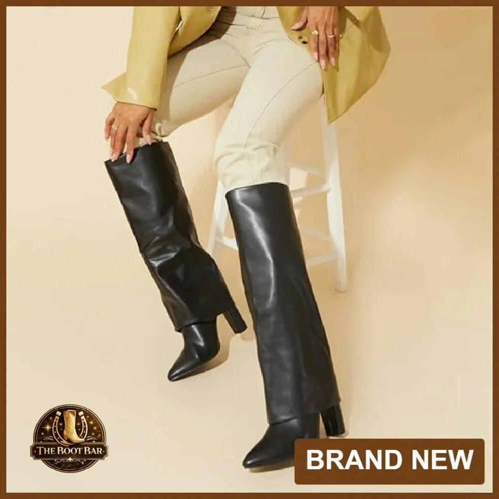 Knee High Boots Women Fold Over Chunky Heel Zipper Pointed Toe Dress Tall - Picture 4 of 8